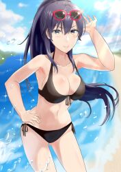 alluring beach big_breasts bikini black_hair eyewear_on_head grey_eyes hiratsuka_shizuka my_teen_romantic_comedy_snafu ocean shizuka_hiratsuka skeb_commission sunglasses sunglasses_on_head