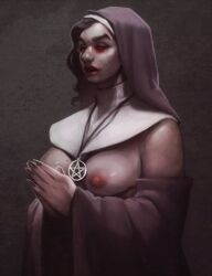 1girls lips medium_breasts necklace nun portrait praying proofspice red_eyes solo topless