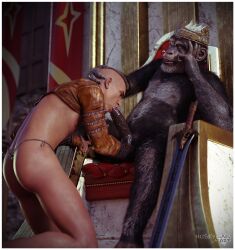 3d_(artwork) anthro ape chimpanzee crown digital_media_(artwork) duo fellatio genitals haplorhine hi_res human huskyman huskyman24 king male male/male male_only mammal nude oral penile penis primate royal_rod royalty sex