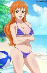 atomicart_24 beach bikini brown_eyes female female_only looking_at_viewer nami one_piece orange_hair pose