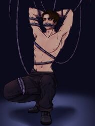 arms_behind_head belly_button blue_eyes bondage brown_hair covering_mouth dark_background ennard_(fnafsl) five_nights_at_freddy's gay hair hands_behind_head male male_only michael_afton nipples pants pecs shoes solo solo_male spotlight sweat sweatdrop sweating tied_up topless wires