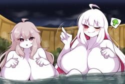 2girls ahoge bangs beni_imo beni_imo_(beniimo45450721) big big_breasts blush breasts breasts_bigger_than_head eyes female friday_night_funkin friday_night_funkin_mod hot_spring huge_breasts long_hair looking_at_viewer mother_and_daughter night nikusa_(sugarratio) no_nose nude nude_female oppai pink pussy reina_(friday_night_funkin) smile towel water white_hair