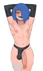 1boy arms_behind_head blue_hair erection femboy grin hair_over_one_eye john_(bunybunyboi) male male_only muscular penis solo standing sweet_dynamite white_background