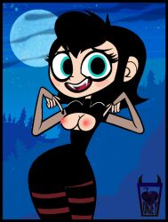 1girls bell_haircut black_hair blue_eyes breasts breasts_out clothing cyan_eyes ears exposed_breasts exposed_nipples fangs female female_only full_moon goth happy_female horny_female hotel_transylvania hotel_transylvania:_the_series j-madeye jay-onjey looking_at_viewer mavis_dracula night night_sky night_time nipples outside pointing_at_breasts pointing_at_self short_hair smile smiling_at_viewer solo solo_female sony_pictures_animation tagme thick_thighs thin_arms thin_female thin_waist vampire vampire_girl white_skin wide_hips woods