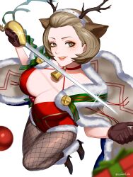 1girls alternate_costume beauty_mark brown_eyes brown_hair christmas christmas_outfit cleavage coward_pho eyeshadow female female_only fire_emblem fire_emblem:_three_houses fire_emblem_heroes fishnet_legwear fishnets hi_res large_breasts lipstick looking_at_viewer makeup manuela_casagranda manuela_casagranda_(winter) mature_female mole mole_under_eye nintendo no_bra official_alternate_costume orange_eyeshadow orange_lips orange_lipstick png simple_background solo sword