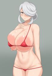 1girls 2022 areola_slip areolae blush breasts cogita_(pokemon) female female_only gigantic_areola gilf grey_eyes hair_over_one_eye hi_res hips huge_areolae huge_breasts large_areolae massive_breasts mature_female micro_bikini nintendo pokemon pokemon_legends:_arceus reataka red_bikini simple_background thick_thighs thighs tied_hair useless_clothing white_background white_hair wide_hips