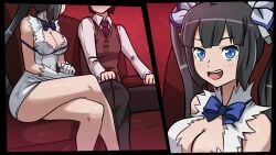 1boy 1boy1girl 1girls breast_focus breasts clothed clothing couch dungeon_ni_deai_wo_motomeru_no_wa_machigatteiru_darou_ka eye_contact eyes female fully_clothed hair hestia_(danmachi) leg_focus legs male mosbles no_sex red_background sumata_cafe thick_thighs thigh_focus thighs