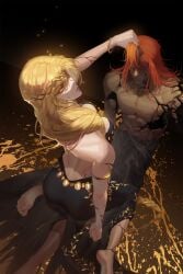 1boy 1girls ass ass_focus big_ass big_breasts blonde_hair circlet deity dual_persona elden_ring feet female female_focus fromsoftware goddess high-angle_view light-skinned_female looking_back milf mono_(artist) queen_marika_the_eternal radagon_of_the_golden_order