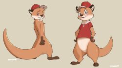 anthro backsack balls barely_visible_balls barely_visible_genitalia blush bottomless brown_body brown_fur chester_the_otter clothed clothing fur genitals hi_res lutrine male mammal mustelid orange_body orange_fur ottmutt pawpads polo_shirt red_clothing red_shirt red_topwear shirt solo tagme tan_body tan_fur topwear