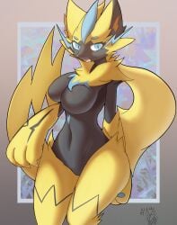 absurd_res anthro blue_eyes breasts bronyant claws featureless_breasts featureless_crotch felid female fur hi_res legendary_pokémon mammal nintendo no_nipples nude pokémon_(species) pokemon smile solo video_games yellow_body yellow_fur zeraora