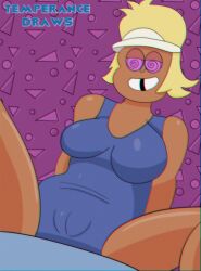 blonde_hair breasts cameltoe carol_(ok_k.o.!_let's_be_heroes) carol_kincaid cartoon_network dark-skinned_female dark_skin female_only hypnosis large_breasts mind_control ok_k.o.!_let's_be_heroes pink_eyes pussy sitting smile solo solo_female spread_legs swimsuit temperancedraws