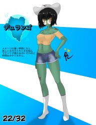 1girls alternate_version_available anime_style bangs black_hair brown_eyes countryhumans countryhumans_girl durango_(statehumans) female female_only green_body green_skin japanese_text long_legs medium_breasts mexico quetzalcóatl_(artist) short_hair simple_background statehumans statehumans_girl text white_background