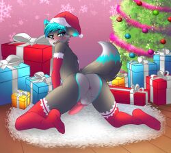 akuro- all_fours animal_genitalia animal_penis anthro anus arm_warmers armwear ass ass_up balls blue_eyes blush canid canine canine_penis canis christmas christmas_clothing christmas_headwear clothing digital_media_(artwork) embarrassed embarrassed_nude_male erection fur genitals girly hair hat headgear headwear hi_res holidays kipwolf knot leg_warmers legwear looking_back male mammal notched_ear nude open_mouth penis presenting presenting_anus presenting_hindquarters raised_tail santa_hat solo spread_legs spreading submissive submissive_male thigh_highs tongue wolf