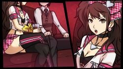 1boy 1boy1girl 1girls breast_focus breasts clothed clothing couch eye_contact eyes female fully_clothed hair kujikawa_rise leg_focus legs legs_crossed male mosbles no_sex persona persona_4 red_background safe sumata_cafe thick_thighs thigh_focus thighs