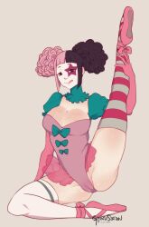 1girls :q ballet_shoes bangs black_eyes black_hair blunt_bangs cameltoe cleavage clown clown_girl clown_makeup clussy curly_hair female female_only gyarusatan hi_res holding_leg leg_up looking_at_viewer pink_hair sitting smiling_at_viewer solo solo_female splits striped_thighhighs thick_thighs thighhighs two_tone_hair white_background white_thighhighs