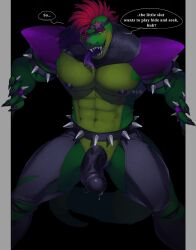 1boy abs alligator animal_humanoid anthro areola areolae bandana belly_button black_penis boner bottomwear claws crocodile crocodilian dark_penis erection evil_grin five_nights_at_freddy's five_nights_at_freddy's:_security_breach genital_slit genitals green_body green_skin kato200_0 long_tongue male male_only mohawk montgomery_gator_(fnaf) muscular muscular_male nipples pants pecs penis precum precum_drip precum_on_penis reptile reptile_humanoid retracted_foreskin saliva sharp_teeth shoulder_pads solo spiked_belt spiked_bracelet spiked_collar spikes star text torn_clothes torn_clothing torn_legwear torn_pants uncut video_games