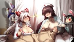 1boy 2022 4girls black_hair blush breasts chibi cleavage clenched_teeth clothed_female_nude_male dated doppel_(cursed_atelier) eirin_yagokoro eye_contact faceless_male ffm_threesome fighting_over_boy fujiwara_no_mokou fumo_plush glaring group_sex hairbow hand_on_another's_head handjob hospital_bed huge_breasts kaguya_houraisan light-skinned_female light-skinned_male light_skin lightning_stare long_sleeves looking_at_another multiple_girls nipples nude nude_male nurse nurse_cap open_clothes open_shirt penis plushie red_eyes reisen_udongein_inaba shirt signature sucking_nipples tewi_inaba threesome touhou uncensored white_hair white_shirt