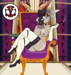 1girls 8ball9615 big_breasts black_dahlia cigarette_holder cyborg_girl evil_grin grey hair legs_crossed nightmare_waifu pale-skinned_female prosthetic_arm prosthetics seductive skullgirls video_game_character