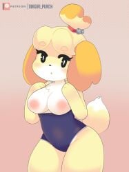 2022 alternate_breast_size animal_crossing breasts exposed_breasts isabelle_(animal_crossing) looking_at_viewer nintendo nipples one_piece_swimsuit oni_punch onigiri_punch swimsuit wide_hips