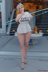 1girls 3d angela_ziegler big_breasts blizzard_entertainment blonde_hair cunnilingus_gesture female female_only high_heels hourglass_figure huge_breasts looking_at_viewer mercy no_pants nurse overwatch overwatch_2 ponytail smile smiling solo t-shirt v_sign vonsvaigen white_shirt wide_hips