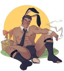 balls booty_electric bulge bunny_ears cigarette dojima_ryotaro facial_hair male male_only muscles muscular necktie no_visible_genitalia penis persona_4 sock_garters socks solo solo_male spread_legs underwear