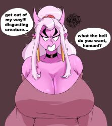 angry bare_shoulders bellarose_(honeyboyy) big_breasts choker demon_girl demon_horns demon_tail disgusted honeyboyy hoop_earrings hoop_earrings_oversized horns long_sleeves original pink_hair pink_skin sweating