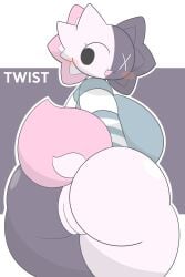 absurd_res amphibian anthro ass axolotl big_butt blush bottomless breasts clothed clothing digital_drawing_(artwork) digital_media_(artwork) female genitals hi_res mole_salamander pussy salamander_(amphibian) simple_background solo thick_thighs zaclyn