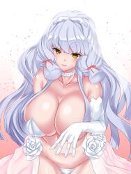 bare_shoulders blush breasts bridal_veil choker collarbone covered_nipples dress elbow_gloves gloves grey_hair hakkai highres jewelry kantai_collection large_breasts lips long_hair looking_at_viewer murakumo_(kantai_collection) older ring shiny shiny_hair sidelocks smile thick_eyebrows tiara veil very_long_hair wedding_band wedding_dress yellow_eyes