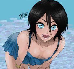 absurdres alternate_eye_color artist_name black_hair bleach blue_dress blue_eyes breasts daraz18aka dress flat_chest flat_chested highres jewelry kuchiki_rukia lips looking_at_viewer mikleodeus nipple_slip nipples no_bra ocean open_mouth petite petite_body small_breasts