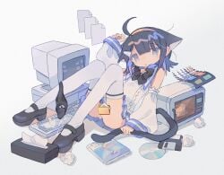 1girls ahoge animal_ears bangs bare_shoulders black_bow black_bowtie black_footwear black_hair black_panties blue_sailor_collar blue_skirt book bow bowtie cat_ears cat_girl cat_tail cd censored computer crt cum daizu_(melon-lemon) detached_sleeves extra_ears female file floppy_disk folder full_body grey_eyes hair_ornament hairband hairclip hand_up highres holding_own_tail keyboard_(computer) knees_up long_sleeves looking_at_viewer lying mary_janes medium_hair microwave miniskirt monitor no_nose novelty_censor on_back open_mouth original panties panties_around_one_leg parted_lips petasawa pleated_skirt pussy pussy_juice sailor_collar shirt shoes simple_background skirt sleeveless sleeveless_shirt sleeves_past_wrists solo star_(symbol) tail thighhighs tissue tissue_box underwear used_tissue white_background white_legwear white_shirt white_sleeves wide_sleeves windows windows_logo