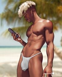 african african_male bulge curly_hair damnarts dark-skinned_male elijah_zayne flaccid flaccid_penis gay_pornstar looking_at_phone looking_down male_only melanin muscles muscular muscular_male onlyfans_model outdoors outside penis_outline porn_star real_person solo_male tattoo teasing thong