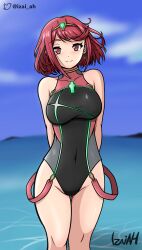 1girls 2022 arms_behind_back beach breasts cameltoe core_crystal detailed_background female female_only highres izai_ah izaiah_(artist) nintendo pyra red_eyes red_hair smile swimsuit thick_thighs thighs tight_clothing xenoblade_(series) xenoblade_chronicles_2