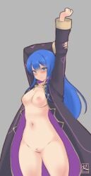 1girls alternate_costume ass_visible_through_thighs blue_eyes blue_hair breasts caeda_(fire_emblem) coat cosplay female female_only female_pubic_hair fire_emblem fire_emblem:_mystery_of_the_emblem fire_emblem:_shadow_dragon_and_the_blade_of_light fire_emblem_awakening long_hair looking_at_viewer naked_coat nintendo nipples nude nude_female pubic_hair pussy robin_(fire_emblem)_(cosplay) ryumi-gin small_breasts smile solo stretching