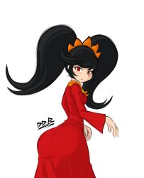 alternate_version_available ashley_(warioware) ass ass_in_dress big_ass black_hair blush clothing dat_ass dodo-bot dress female female_only hair_ornament huge_ass long_hair looking_at_viewer looking_back mario_(series) nintendo red_dress red_eyes small_breasts solo solo_female thin twintails warioware white_background