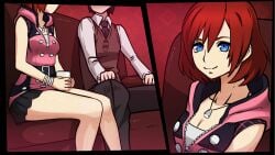 1boy 1boy1girl 1girls alternate_version_available breast_focus breasts clothed clothing couch eye_contact eyes female fully_clothed hair kairi kingdom_hearts leg_focus legs male mosbles no_sex red_background safe sumata_cafe thick_thighs thigh_focus thighs