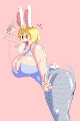 :3 big_ass big_breasts blonde_hair bonnie_(honeyboyy) bunny_ears bunny_tail bunnysuit detached_collar easter_balls ejaculation female fishnet_legwear fishnets honeyboyy leotard licking_balls looking_at_viewer mob_face nail_polish original painted_nails pantyhose peace_sign tie v v_sign wrist_cuffs