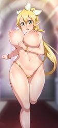 1girls 2022 absurd_res areolae bare_arms bare_legs bare_shoulders bare_thighs barefoot blonde_hair blue-senpai bouncing_breasts breasts elf elf_ears elf_female erect_nipples feet_out_of_frame female female_only g-string g-string_only gold_panties green_eyes hips huge_breasts jogging kirigaya_suguha large_areolae leafa long_ears long_hair long_ponytail nipples panties pointy_ears ponytail simple_background slim_waist sword_art_online thick_thighs thighs topless topless_female wide_hips