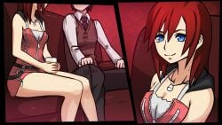 1boy 1boy1girl 1girls alternate_version_available breast_focus breasts clothed clothing couch eye_contact eyes female fully_clothed hair kairi kingdom_hearts leg_focus legs male mosbles no_sex red_background safe sumata_cafe thick_thighs thigh_focus thighs