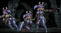 big_ass big_breasts big_butt blue_hair bodysuit bunny_ears coat dagger darkest_dungeon gun highwayman_(darkest_dungeon) knife latex_suit niur pistol ponytail red_eyes thick_thighs whisker_markings