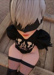 1boy 3d blindfold crossdressing crossplay femboy light-skinned_femboy light-skinned_male light_skin looking_at_viewer male male_focus male_only nappana nier nier:_automata short_hair sitting solo thighhighs trap white_hair yaoi yorha_2b_(cosplay) yorha_9s