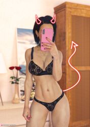 1girls 2022 3d abs black_hair bra depth_of_field earrings female female_only indoors large_breasts lexx228 lingerie mirror_selfie panties see-through_bra selfie slushe_(website) smartphone solo solo_female