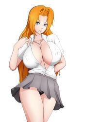 1girls bare_chest bare_legs bare_thighs big_breasts bleach blue_eyes breasts breasts_bigger_than_head bust busty center_opening chain_necklace clothed clothed_female curvaceous curvy curvy_body curvy_female curvy_figure erect_nipples erect_nipples_under_clothes female female_only hourglass_figure huge_breasts lalox large_breasts long_hair looking_at_viewer matsumoto_rangiku miniskirt mole mole_under_mouth necklace necklace_between_breasts nipples_visible_through_clothing no_bra oppai orange_hair panties pinup plain_background pose posing revealing_clothes school_uniform schoolgirl shiny shiny_hair shiny_skin simple_background skimpy skimpy_clothes skirt solo very_long_hair visible_nipples voluptuous wavy_hair white_background