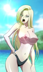 1girls absurd_res alternate_hairstyle android_18 angry anime_style beach big_breasts bikini bikini_top_removed blonde_hair blue_eyes breasts color colored dragon_ball dragon_ball_super dragon_ball_z female green_eyes hi_res huge_breasts large_breasts long_hair looking_at_viewer nipples ocean oldhorrorz open_mouth topless