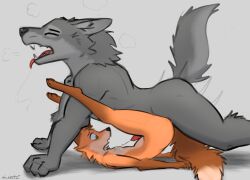 anal anal_sex anthro anthro_on_anthro anthro_penetrated anthro_penetrating anthro_penetrating_anthro anvil_position bodily_fluids canid canine canis closed_eyes cum cum_on_self cum_while_penetrated cumshot duo ejaculation erection fluffy fluffy_tail fox from_front_position genital_fluids genitals hands-free hi_res larger_male legs_up lying male male/male male_penetrated male_penetrating male_penetrating_male mammal naked nude on_back open_mouth penetration penis saliva saliva_string schmutzo sex simple_background size_difference smaller_male smaller_penetrated surprised_expression tongue tongue_out wolf