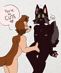 anthro battycat canid canine canis charlotte_(battycat) domestic_cat domestic_dog duo felid feline felis female female/female fingering fingers genitals giggle hi_res mammal nipples pawpads paws praise pussy sunny_(battycat) surprise surprised_expression touching_pussy