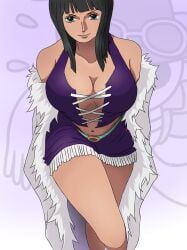 1girls alluring black_hair blue_eyes female female_only looking_at_viewer miss_all_sunday nico_robin one_piece purple_background purple_clothing reisan97 seductive shounen_jump tagme tan_body tan_skin