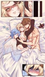 1girls 2boys after_sex after_threesome bed bishonen blonde_hair blue_eyes breasts breasts_out childe_(genshin_impact) cuddling genital_fluids genshin_impact gentle_maledom ginger_hair gold_eyes hand_on_breast hickey hickey_marks kamisato_ayato lumine_(genshin_impact) nude_male partially_nude pretty_boy romantic sandwiched scars scars_all_over short_hair_with_long_locks sleeping tartaglia_(genshin_impact) threesome wholesome xiayou1104(twitter)