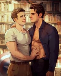 2boys abs actor captain_america captain_america's_shield captain_america_(series) celebrity chris_evans clark_kent crossover dc dc_extended_universe gay hairy henry_cavill human human_only in_character kal-el library light-skinned_male light_skin looking_at_another male male_only marvel marvel_cinematic_universe muscular muscular_male nerdyart shirt_open steve_rogers study superman uncensored yaoi