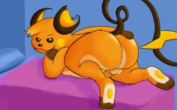 ass bed butt_focus cheeky choshigaiden ear_piercing ear_scar feral fur furniture furry furry_only hi_res lazy_background looking_back male male_only mammal mouse murid murine nintendo overweight overweight_male piercing pokémon_(species) pokemon pokemon_(species) raichu raised_tail rodent scar smile smiling_at_viewer solo tail video_games
