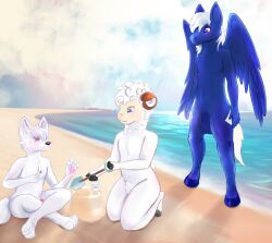 absurd_res anthro backlighting balls beach blue_body blue_eyes bovid canid canine canis caprine cutie_mark detailed_background equid equine fur genitals group hi_res hooves horn light lighting male male/male mammal my_little_pony pawpads pegasus pink_eyes pink_pawpads pride_color_flag purple_eyes sand sand_castle sculpture seaside sheep stri trio water white_body wings wolf wool_(fur)